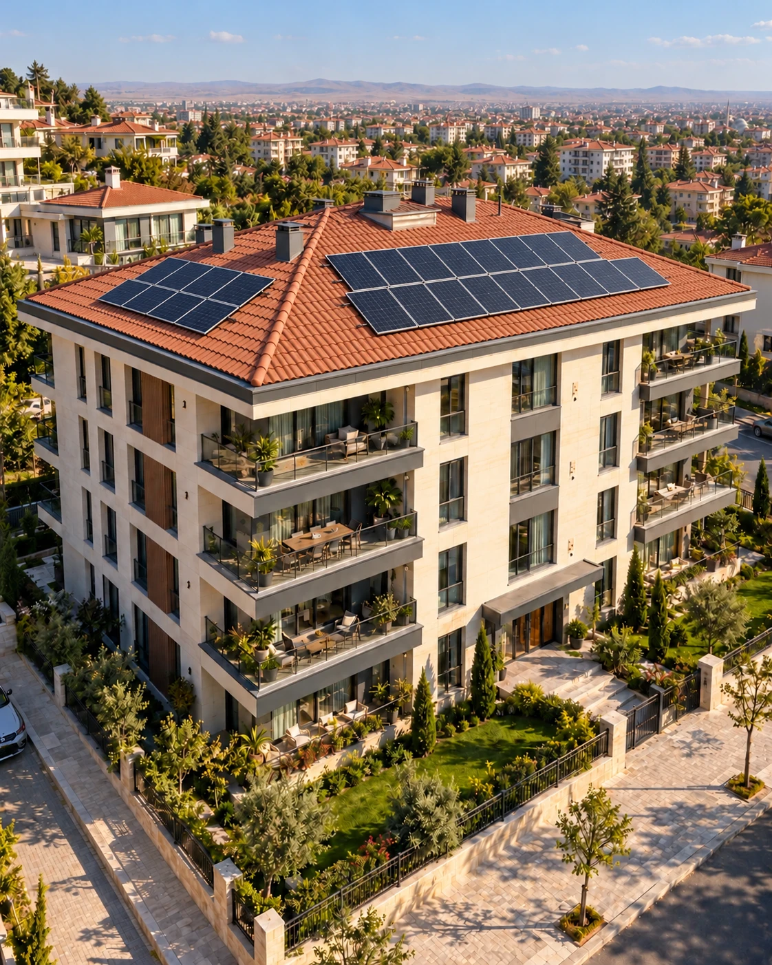 Kiremit çatısında iki düzenli güneş paneli grubu bulunan, çevre düzenlemesi tamamlanmış konut; yapay zekâ ile oluşturulmuş görsel
